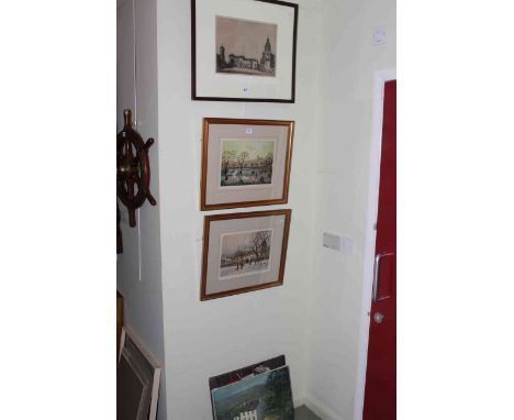 Pair Helen Bradley seasonal prints, William Strang etching and two unframed oils (5).