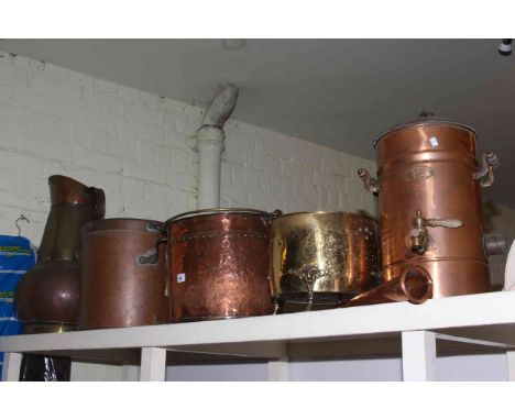 Copper and brass jug, copper lidded two handled pan, log bin, urn, brass jardiniere and a copper hunting horn