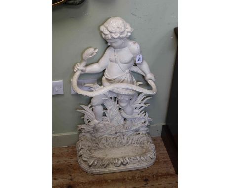 Cast iron stick stand in the form of a child grasping a coiling snake, 84cm tall.