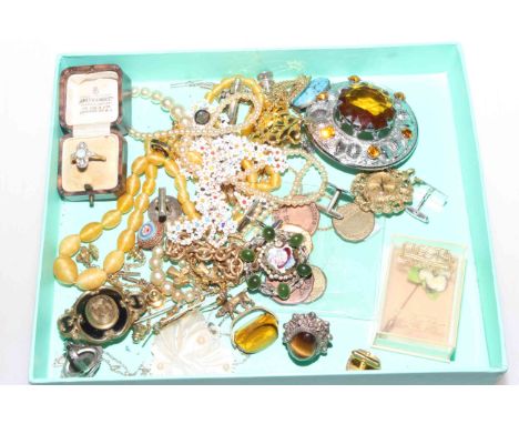 Box of jewellery including Victorian mourning brooch, opal ring and Scottish brooch.