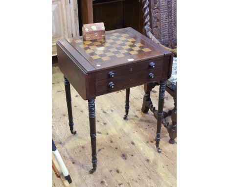 Victorian mahogany drop leaf chess top games table, the sliding top enclosing divided interior and games above a single drawe