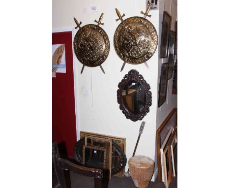 Pair brass plaques, five framed mirrors, two pictures, barometer, shooting stick and African drum.