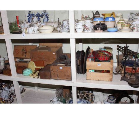 Large collection of tools, tins, scales, camera, weights, wooden crates.