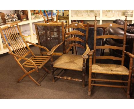 Ladder back rush seated rocking chair, rush seated armchair, folding chair, Victorian side chair and bergere panelled armchai