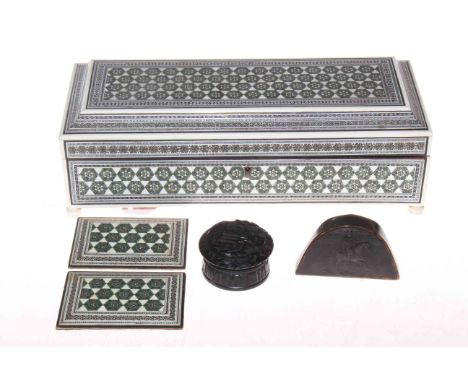 Indian ornate inlaid box, together with two similar pieces, horn snuff box with equestrian figure, and treen box.