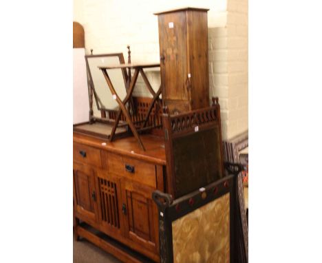 Art Nouveau woolwork panel firescreen, Edwardian two fold screen, floral decorated pedestal cabinet, Victorian mahogany foldi