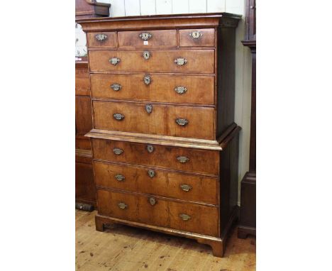 George III walnut crossbanded and oak chest on chest having three short drawers above six long drawers on bracket feet, 170cm