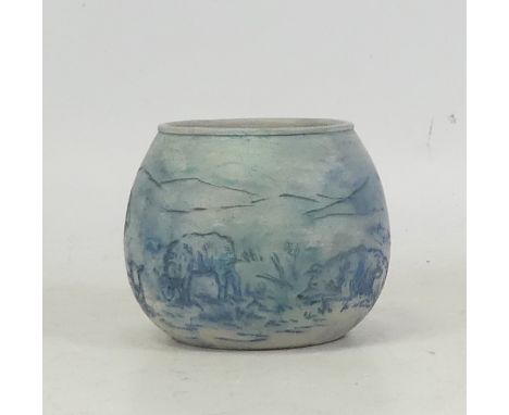 Doulton Lambeth small stoneware pot, decorated with horse,sheep and sheepdog, h.6.5 x d.8cm,r.