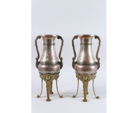 A VERY FINE LARGE PAIR OF 19TH CENTURY ISLAMIC ALHAMBRA STYLE SPANISH, possibly Toledo, MIXED METAL TWIN HANDLED VASES. 14ins
