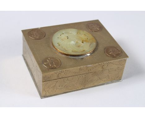 A CHINESE BRASS BOX, the lid with a carved circular jade plaque. Jade 2ins diameter.