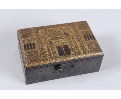 A FINE 19TH CENTURY ISLAMIC SPANISH TOLEDO GOLD INAID STEEL BOX. 5ins high.