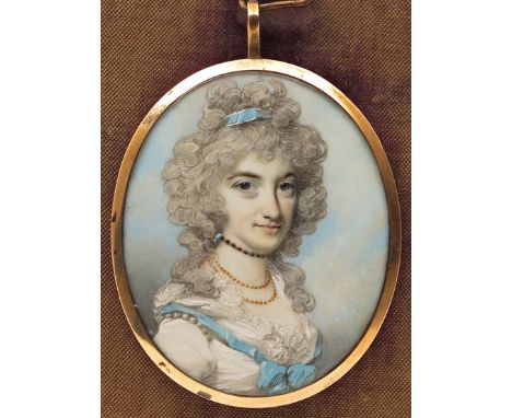 ë George Engleheart (1752-1829) Portrait miniature of Lady Susan Westmorland, bust length in a white dress with a blue ribbon