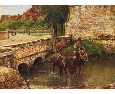 Florence A. Saltmer (act. 1882-1908) Figure watering his horses by a bridge Signed Oil on canvas 30.5 x 41cm; 12 x 16in ++Unl