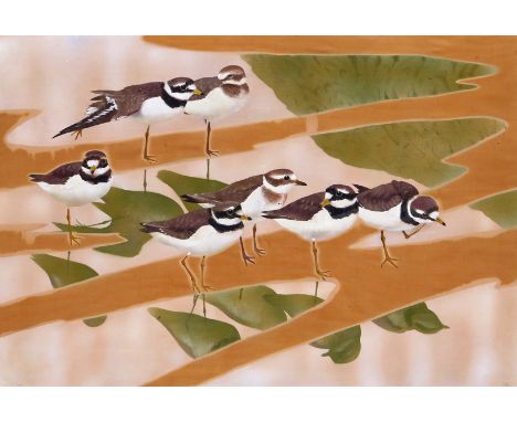 ‡ Charles Frederick Tunnicliffe R.A. (1901-1979) Little ringed plovers Signed with a monogram Gouache and watercolour on silk