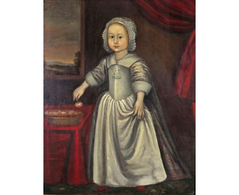 English School c. 1700 Portrait of Mary Marriott (d. 1703) Full length standing in an interior Oil on canvas 95 x 74cm; 37½ x