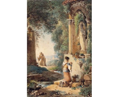 Victor Jean Nicolle (French 1754-1826) Ladies by a town gate; Lady at a grotto Two, the first signed Both watercolour with bo