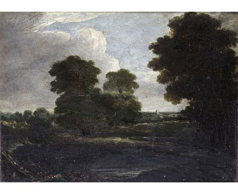 Follower of John Constable Wooded river landscape, a village beyond Oil on panel 17.5 x 24cm; 7 x 9½in ++Some marks and blemi