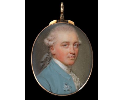 ë John Smart (1741-1811) Portrait miniature of James Whatman, head and shoulders, wearing a sky blue coat Signed with initial