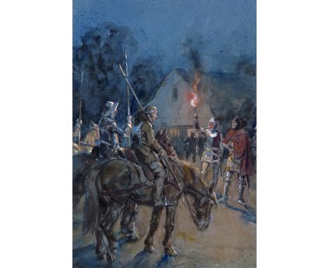 ‡ Lionel Dalhousie Robertson Edwards R.I. (1878-1966) Illustration to The Black Arrow by R.L. Stevenson Watercolour on grey p