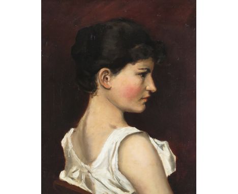 Follower of James Jacques Joseph Tissot Portrait of a lady in profile, seated, wearing white Oil on canvas 46 x 36cm; 18 x 14