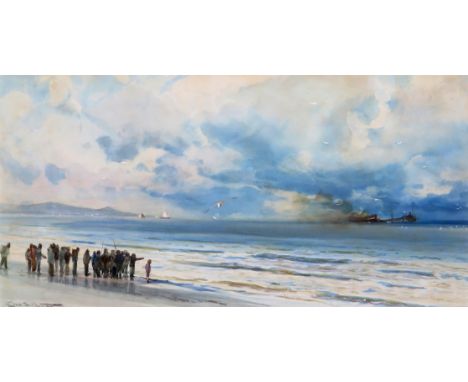 Charles Sim Mottram (1852-1919) Fisherfolk on the shore Signed Watercolour 28 x 56cm; 11 x 22in ++A few small areas of light 