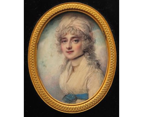 ë Richard Cosway R.A. (1742-1821) Portrait miniature of Miss Gunning, head and shoulders, wearing a turban and a blue sash Ov