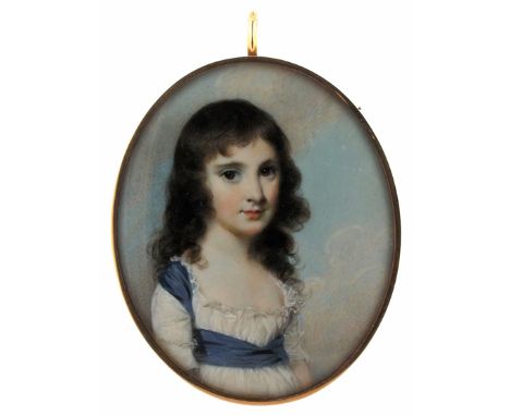 ë George Engleheart (1750-1829) Portrait miniature of a girl, half length, wearing a blue sash Oval, in a gilt metal frame wi