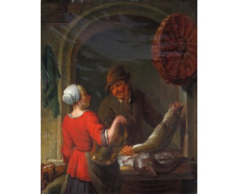 Louis de Moni (Dutch 1698-1771) The fish vendor Signed Oil on canvas laid on panel 42 x 33.25cm; 16½ x 13¼in ++Some restorati
