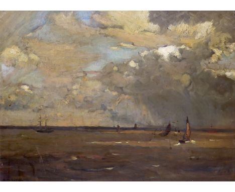 ‡ Bertram Walter Priestman R.A. (1868-1951) Sailing ships off the coast Signed, also dated indistinctly Oil on canvasboard 46