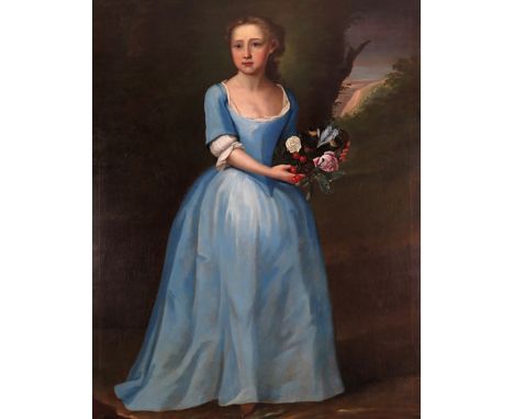 English School early 18th Century Portrait of a girl wearing blue, holding a basket of flowers Oil on canvas 127 x 101 cm; 50