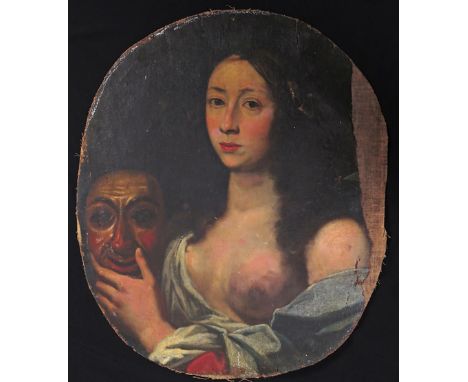English School 18th Century Portrait of an actress holding a mask Oil on canvas, oval unframed, unstretched 57 x 46cm; 22½ x 