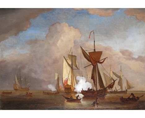 Willem Van de Velde (1633-1702) The Morning Gun Signed with initials and dated 1684 Oil on canvas 62.5 x 86cm; 24½ x 34in Pro