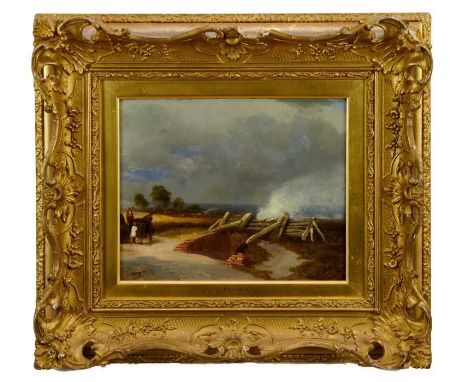 John Sell Cotman (1782-1842) A landscape with rustic figures by a bridge, oil on canvas, signed, 25 x 31cm, in gilt frameExhi