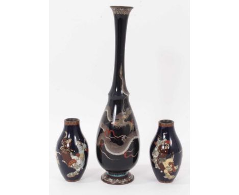 Japanese cloisonné vase of slender pear shaped baluster with stepped neck, dragon decoration, 25cm high, together with a pair