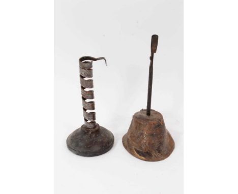 18th century steel spiral candlestick, raised on domed fruitwood base, together with a rush light, partially incomplete. (2)