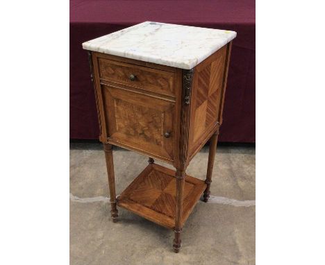 Early 20th century French parquetry bedside cupboard with marble top and frieze drawers, unusual ceramic lined cupboard, rais