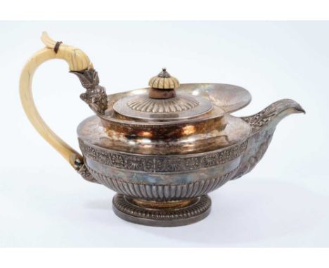 Fine quality George III silver teapot of compressed baluster form, with half fluted and shell decoration, flared rim and hing