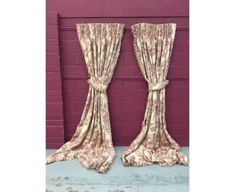 Two pairs of good quality interlined curtains with reddish pink floral design, approximately 294cm long x 86cm at the top and