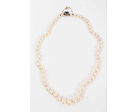 Cultured pearl necklace with a string of graduated cultured pearls measuring approximately 6mm-8.9mm, on a gold enamel and se