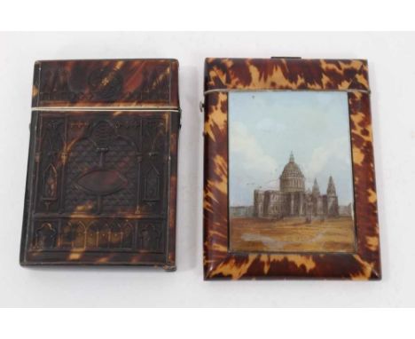 Mid 19th century tortoishell and painted plaque card case, rectangular cushion form, centred by over painted printed scene ti