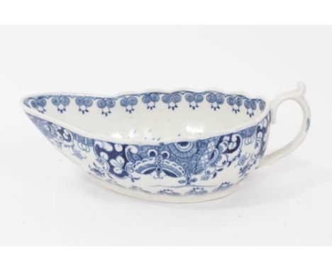 Worcester sauceboat, circa 1770, painted in underglaze blue with the Doughnut Tree pattern, 18cm longCondition report: Good c
