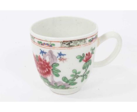 Bow coffee cup, circa 1752, decorated in the famille rose style with flowers and a patterned border, 5.75cm highCondition rep