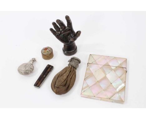 Vertu items, to include 19th century tortoiseshell octagonal thimble case, pair of tortoiseshell folding scissors, mother of 