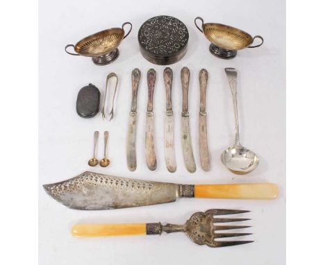 Selection of miscellaneous silver and white metal, including pair salts, two salt spoons, pair silver bladed fish servers, so