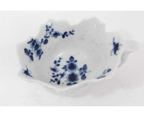 Worcester blue and white leaf moulded butter boat, circa 1755, decorated with floral sprays, painter's mark to bottom of hand