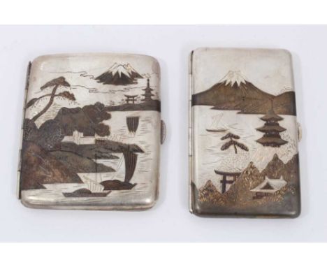 Two 1930s Japanese sterling silver and mixed metal cigarette cases, each of cushion form, decorated with landscape scenes bot