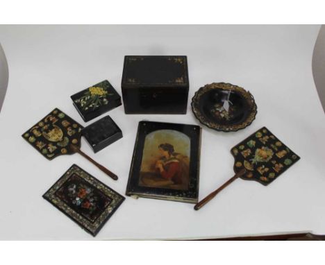 Collection of Victorian lacquered and papier-mâché items, including a pair of decoupage fire screens, two blotters, three box