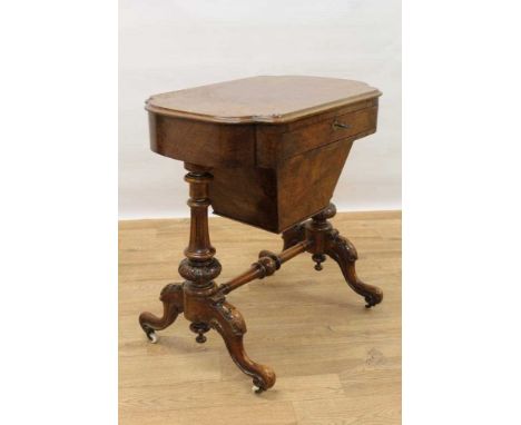 Victorian inlaid burr walnut veneered needlework table with shaped quarter-veneered inlaid burr walnut top, fitted drawer and