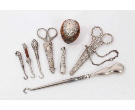 Collection of late 19th/early 20th century miscellaneous silver sewing and other items, including scissors, button hooks, nee