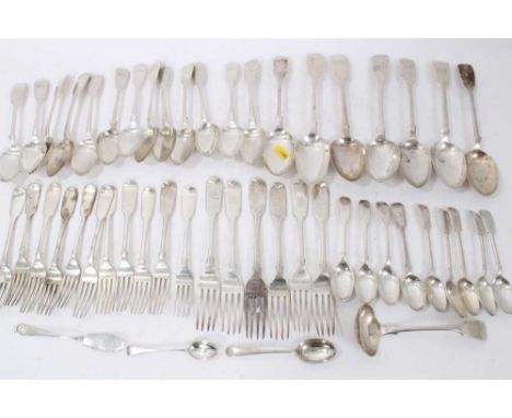 Large selection of Victorian silver Fiddle pattern flatware, with various engraved initials and crests, including 7 table spo